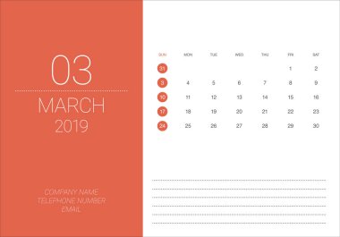 Mart 2019 Resepsiyon takvim vektör çizim, basit ve temiz tasarım. 