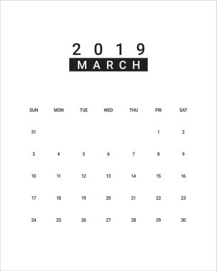 Mart 2019 Resepsiyon takvim vektör çizim, basit ve temiz tasarım. 