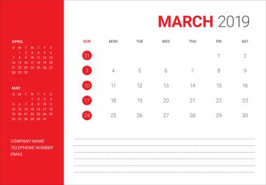 Mart 2019 Resepsiyon takvim vektör çizim, basit ve temiz tasarım. 