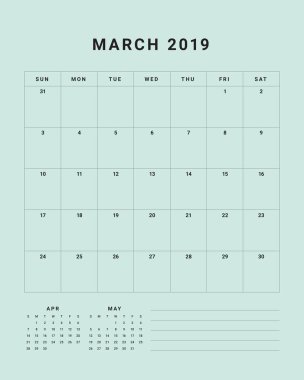 Mart 2019 Resepsiyon takvim vektör çizim, basit ve temiz tasarım. 