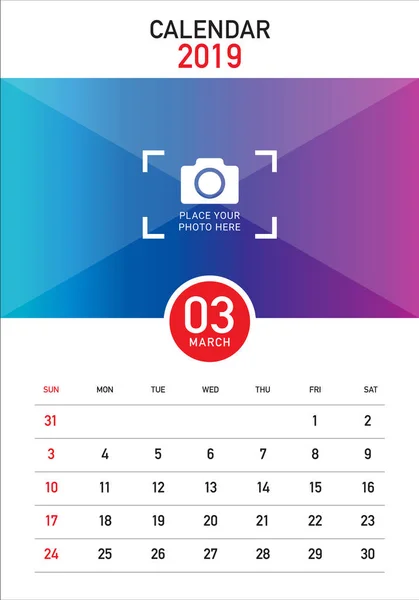 Marzo 2019 Escritorio Calendario Vector Ilustración Diseño Simple Limpio — Vector de stock
