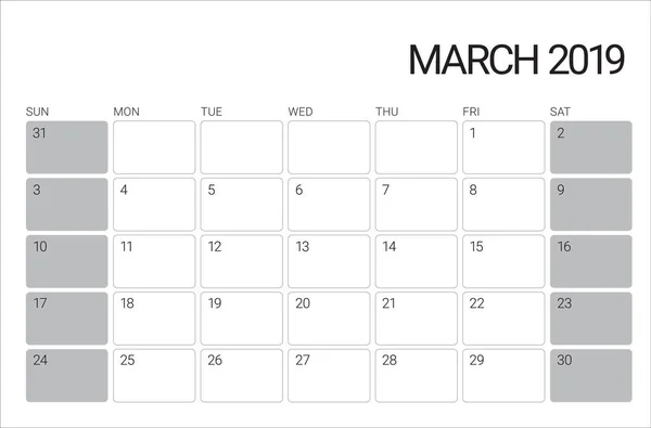 Μαρτίου 2019 Γραφείο Ημερολόγιο Διανυσματικά Εικονογράφηση Απλή Και Καθαρή Σχεδιασμός — Διανυσματικό Αρχείο