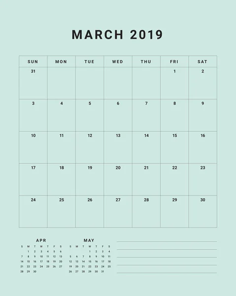 Marzo 2019 Escritorio Calendario Vector Ilustración Diseño Simple Limpio — Archivo Imágenes Vectoriales