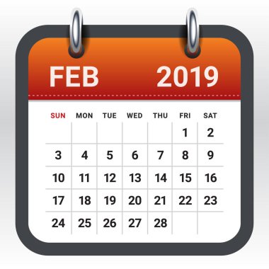 Şubat 2019 aylık takvim vektör çizim, basit ve temiz tasarım. 