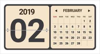 Şubat 2019 aylık takvim vektör çizim, basit ve temiz tasarım. 
