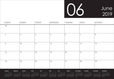 Haziran 2019 Resepsiyon takvim vektör çizim, basit ve temiz tasarım.