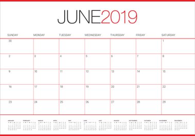 Haziran 2019 Resepsiyon takvim vektör çizim, basit ve temiz tasarım.