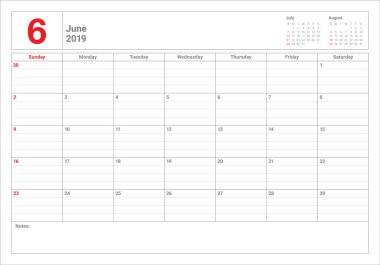 Haziran 2019 Resepsiyon takvim vektör çizim, basit ve temiz tasarım.