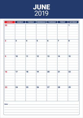 Haziran 2019 Resepsiyon takvim vektör çizim, basit ve temiz tasarım.