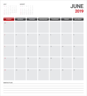 Haziran 2019 Resepsiyon takvim vektör çizim, basit ve temiz tasarım.