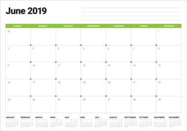 Haziran 2019 Resepsiyon takvim vektör çizim, basit ve temiz tasarım.