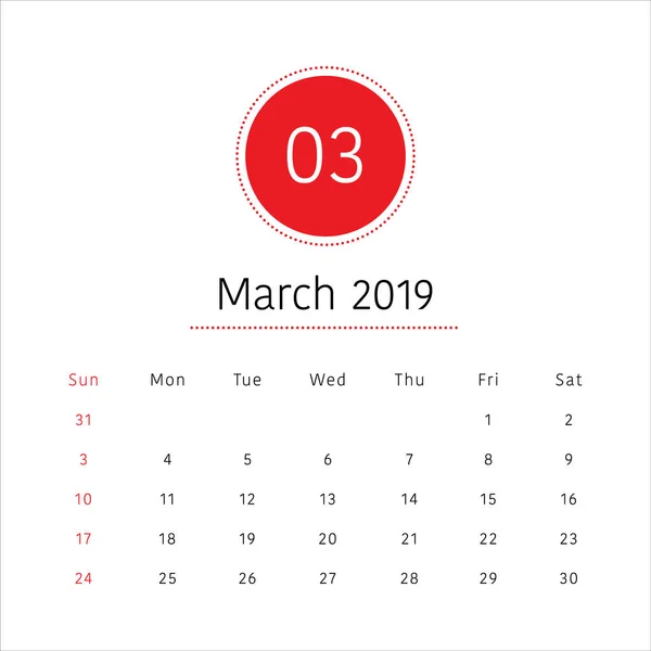 Března 2019 Stolní Kalendář Vektorové Ilustrace Jednoduchý Čistý Design — Stockový vektor