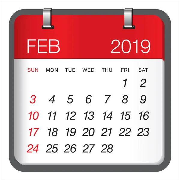 Lutego 2019 Miesięczny Kalendarz Wektor Ilustracja Prosty Czysty Design — Wektor stockowy