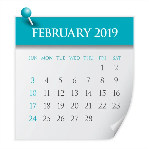 Únor 2019 Měsíční Kalendář Vektorové Ilustrace Jednoduchý Čistý Design — Stockový vektor