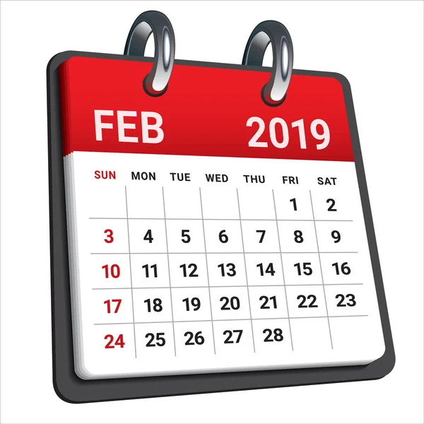 Februari 2019 Maandelijkse Agenda Vectorillustratie Eenvoudige Schone Ontwerp — Stockvector