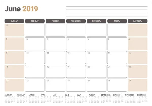 Junio 2019 Escritorio Calendario Vector Ilustración Diseño Simple Limpio — Vector de stock