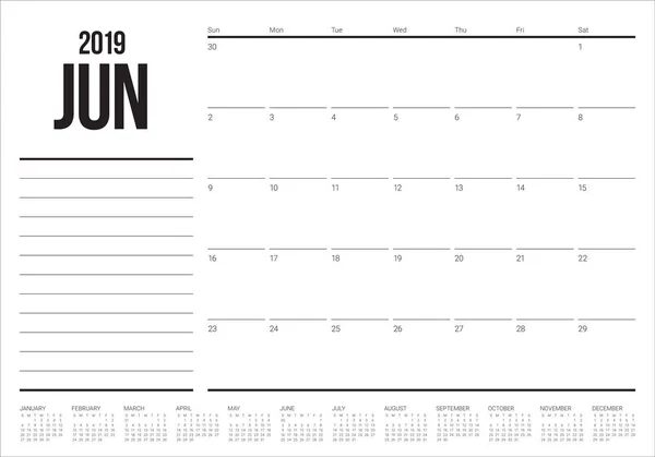 Junio 2019 Escritorio Calendario Vector Ilustración Diseño Simple Limpio — Archivo Imágenes Vectoriales