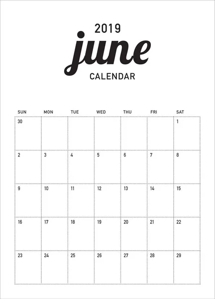 Iunie 2019 Calendar Birou Vector Ilustrație Design Simplu Curat — Vector de stoc