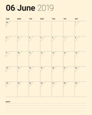 Haziran 2019 Resepsiyon takvim vektör çizim, basit ve temiz tasarım.