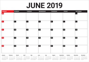 Haziran 2019 Resepsiyon takvim vektör çizim, basit ve temiz tasarım.