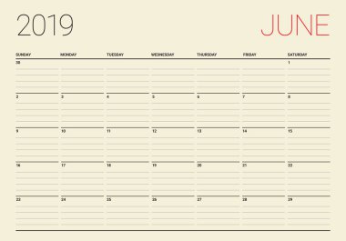 Haziran 2019 Resepsiyon takvim vektör çizim, basit ve temiz tasarım.