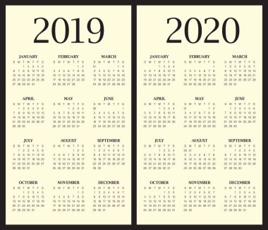 Yıl 2019 2020 takvim vektör tasarım şablonu, basit ve temiz tasarım