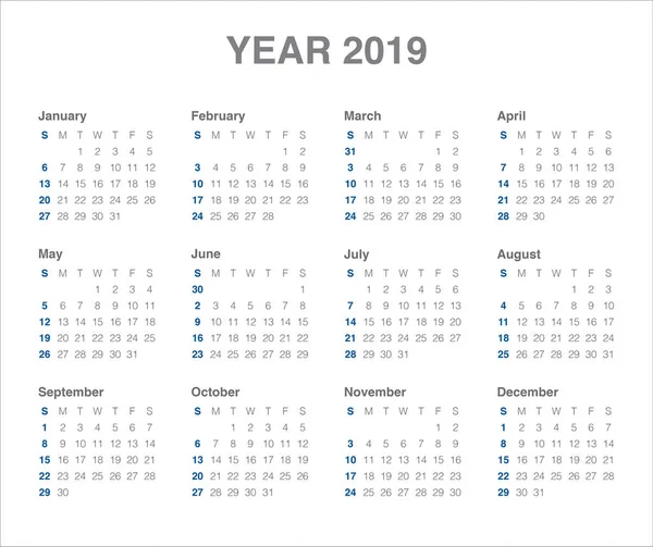 Ano 2019 Modelo Design Vetorial Calendário Design Simples Limpo — Vetor de Stock