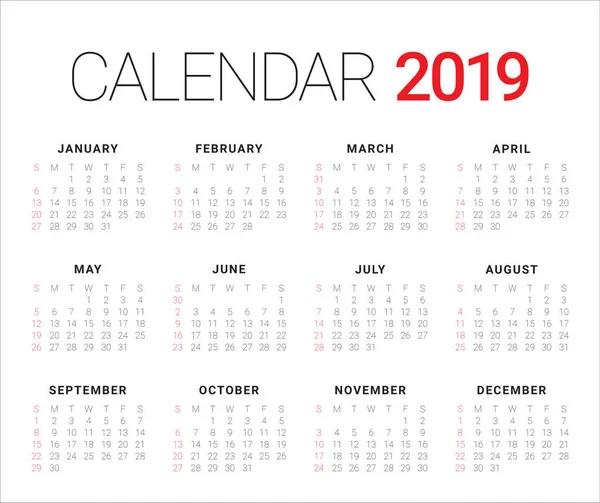 Année 2019 Modèle Conception Vectorielle Calendrier Conception Simple Propre — Image vectorielle