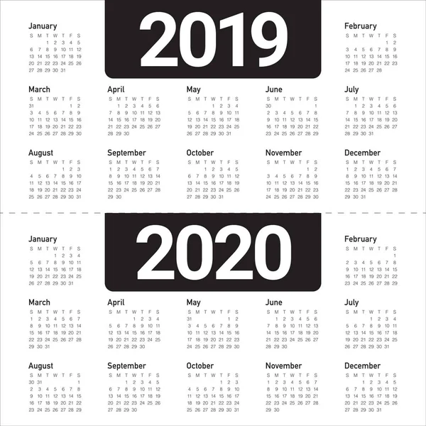 Año 2019 2020 Plantilla Diseño Vectores Calendario Diseño Simple Limpio — Vector de stock