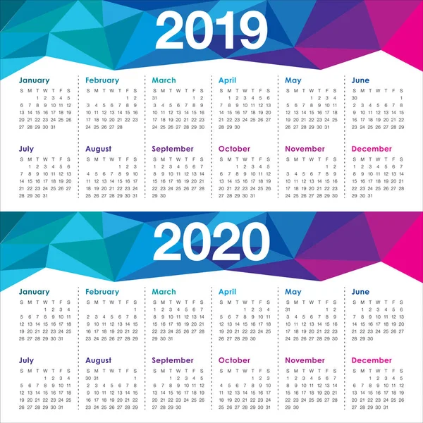 Jaar 2019 2020 Agenda Vector Ontwerpsjabloon Eenvoudige Schone Ontwerp — Stockvector
