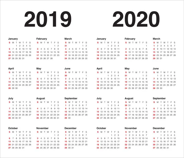 Año 2019 2020 Plantilla Diseño Vectores Calendario Diseño Simple Limpio — Vector de stock