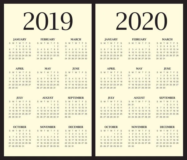 2019 2020 Kalender Vektor Formgivningsmall Enkel Och Ren Design — Stock vektor