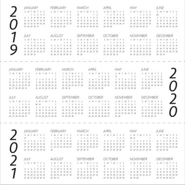 Yıl 2019 2020 2021 takvim vektör tasarım şablonu, basit ve temiz tasarım