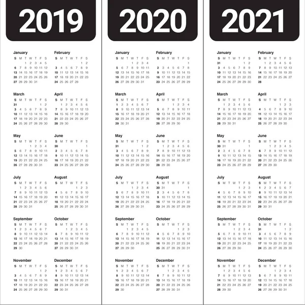 Año 2019 2020 2021 Plantilla Diseño Vectores Calendario Diseño Simple — Vector de stock