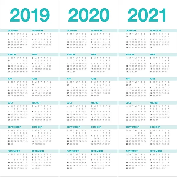 Año 2019 2020 2021 Plantilla Diseño Vectores Calendario Diseño Simple — Vector de stock