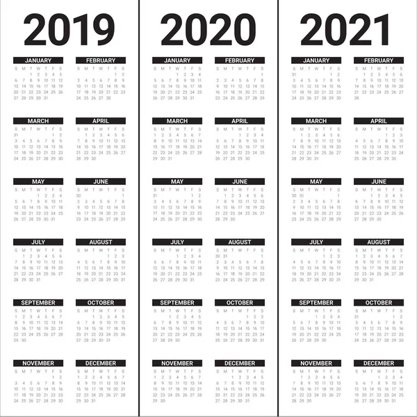 Año 2019 2020 2021 Plantilla Diseño Vectores Calendario Diseño Simple — Archivo Imágenes Vectoriales