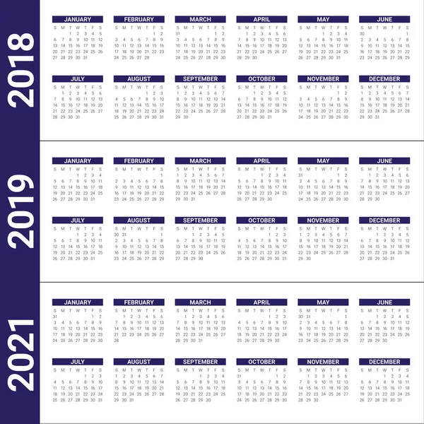 2019 2020 2021 カレンダー ベクター デザイン テンプレート シンプルでクリーンなデザイン — ストックベクタ