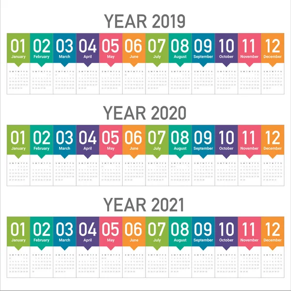 Año 2019 2020 2021 Plantilla Diseño Vectores Calendario Diseño Simple — Archivo Imágenes Vectoriales