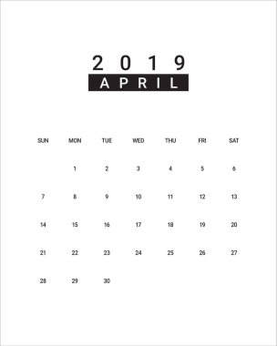 Nisan 2019 Resepsiyon takvim vektör çizim, basit ve temiz tasarım. 
