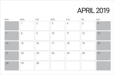 Nisan 2019 Resepsiyon takvim vektör çizim, basit ve temiz tasarım. 