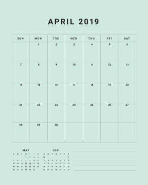 Nisan 2019 Resepsiyon takvim vektör çizim, basit ve temiz tasarım. 