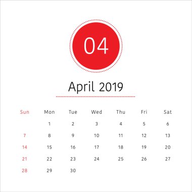 Nisan 2019 Resepsiyon takvim vektör çizim, basit ve temiz tasarım. 