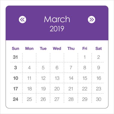 Mart 2019 aylık takvim vektör çizim, basit ve temiz tasarım. 