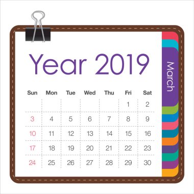Mart 2019 aylık takvim vektör çizim, basit ve temiz tasarım. 