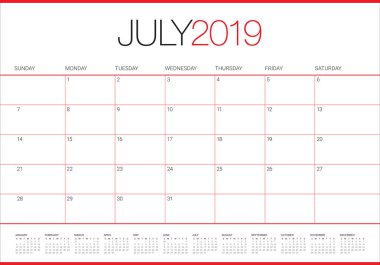 Temmuz 2019 Resepsiyon takvim vektör çizim, basit ve temiz tasarım.