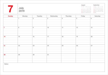 Temmuz 2019 Resepsiyon takvim vektör çizim, basit ve temiz tasarım.