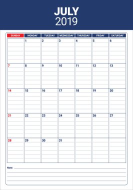 Temmuz 2019 Resepsiyon takvim vektör çizim, basit ve temiz tasarım.