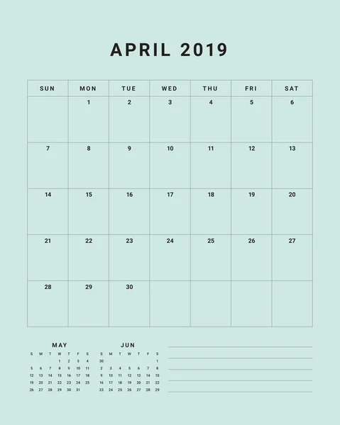 Abril 2019 Mesa Calendário Vetor Ilustração Design Simples Limpo — Vetor de Stock