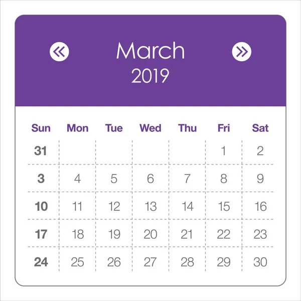 Marzo 2019 Calendario Mensual Vector Ilustración Diseño Simple Limpio — Vector de stock