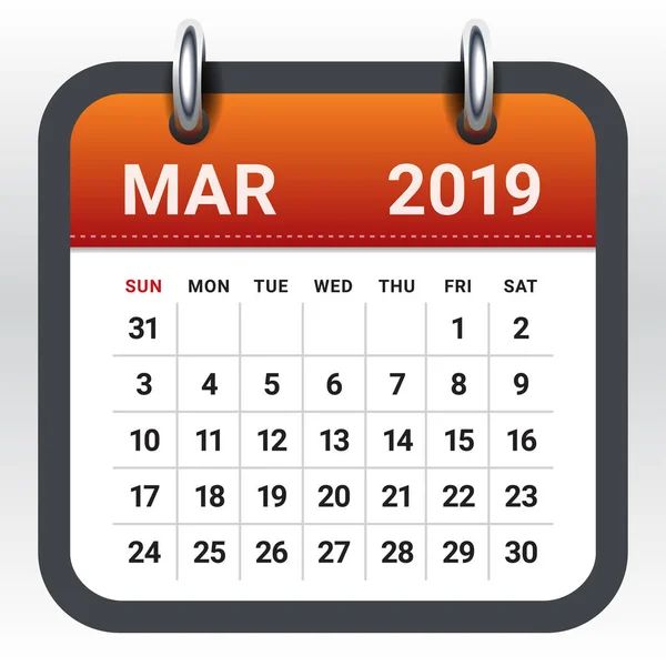Marca 2019 Miesięczny Kalendarz Wektor Ilustracja Prosty Czysty Design — Wektor stockowy